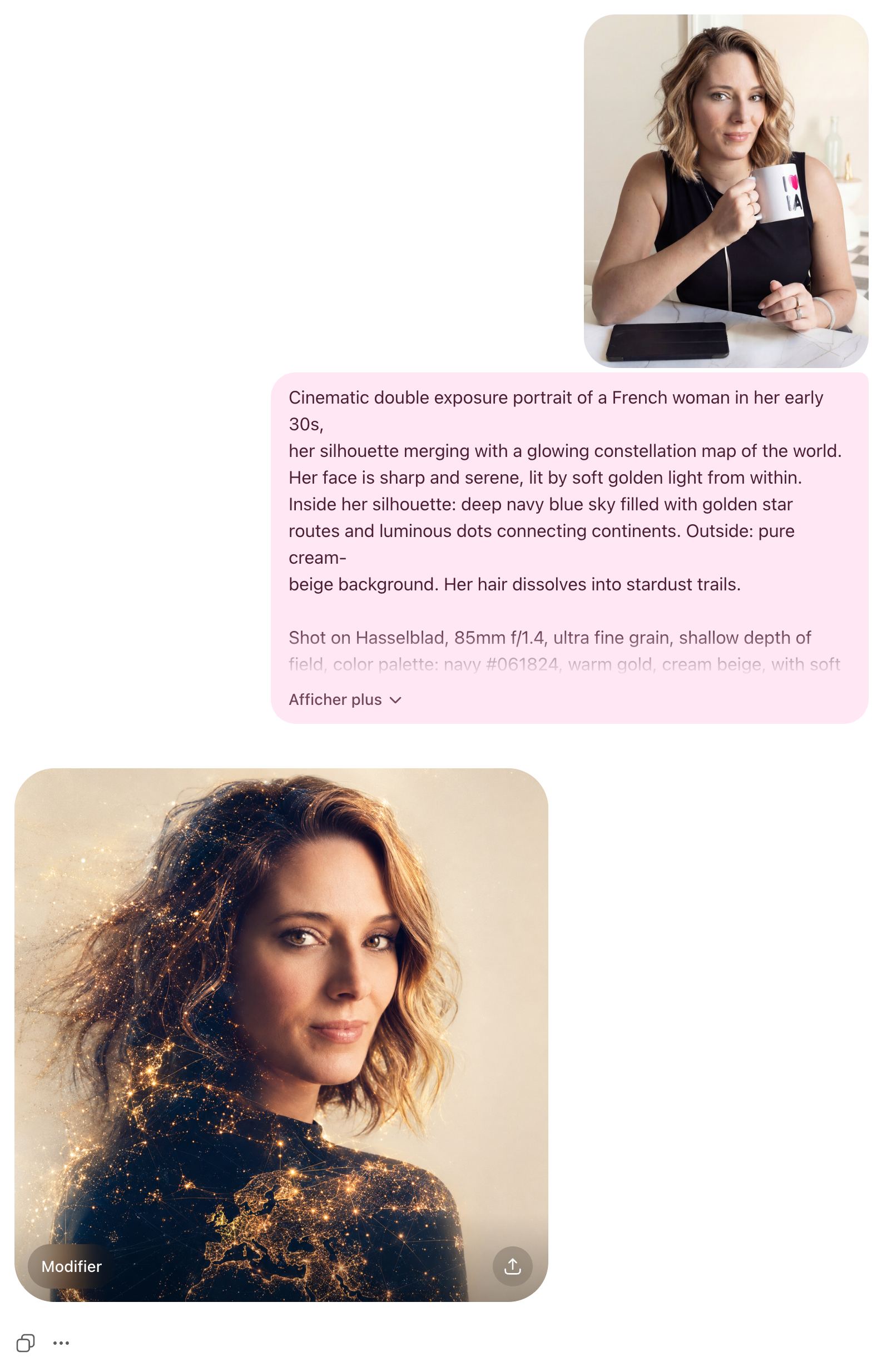 résultat ChatGPT Image Gen midjourney alternative gratuite - portrait double exposition constellation