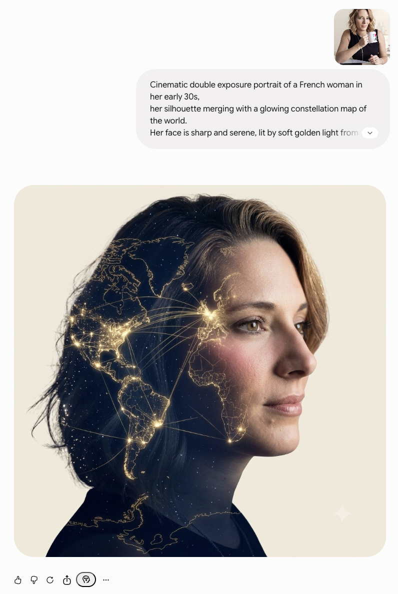 résultat Gemini midjourney alternative gratuite - portrait double exposition stardust