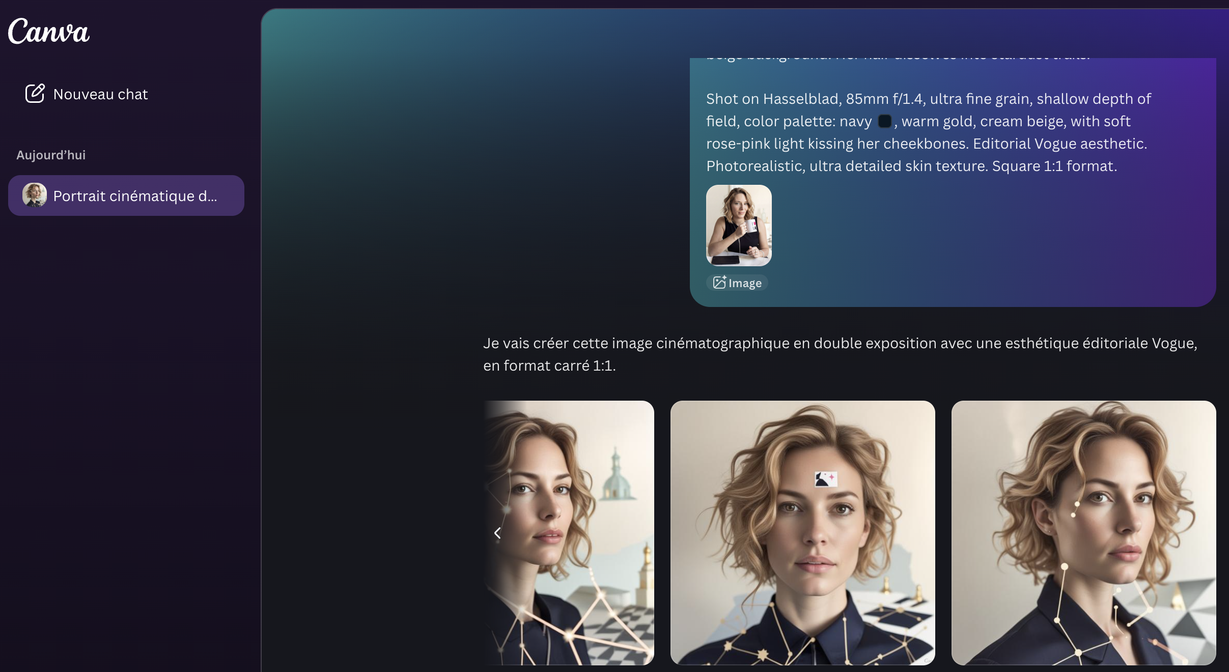 résultat Canva IA midjourney alternative gratuite - portrait constellation lignes géométriques