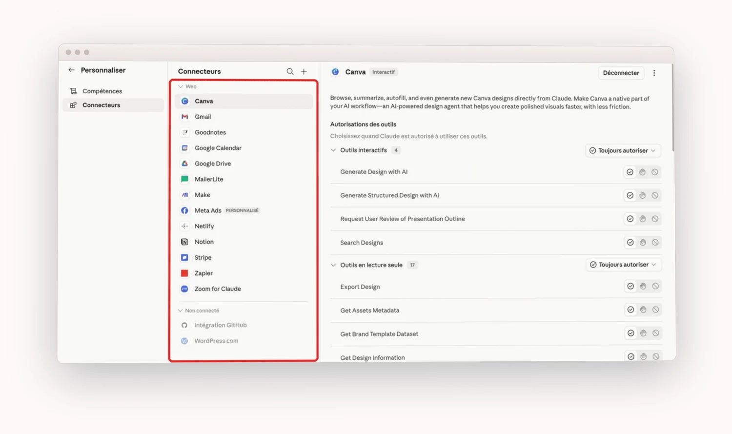 La liste des connecteurs de Claude, Gmail et Notion branchés