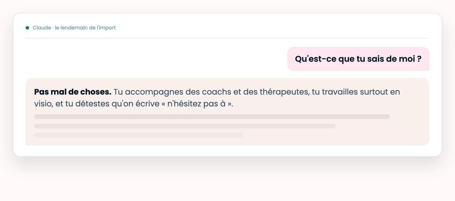 Claude qui répond à « qu'est-ce que tu sais de moi ? » le lendemain de l'import