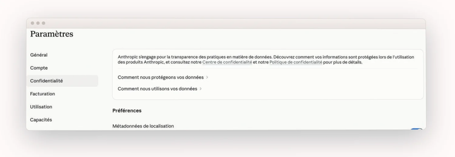 L'écran des paramètres de Claude, là où se font les cinq réglages