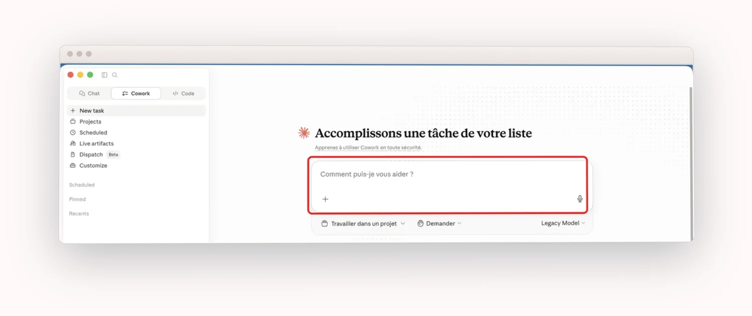 L'écran de création d'une tâche programmée dans Cowork