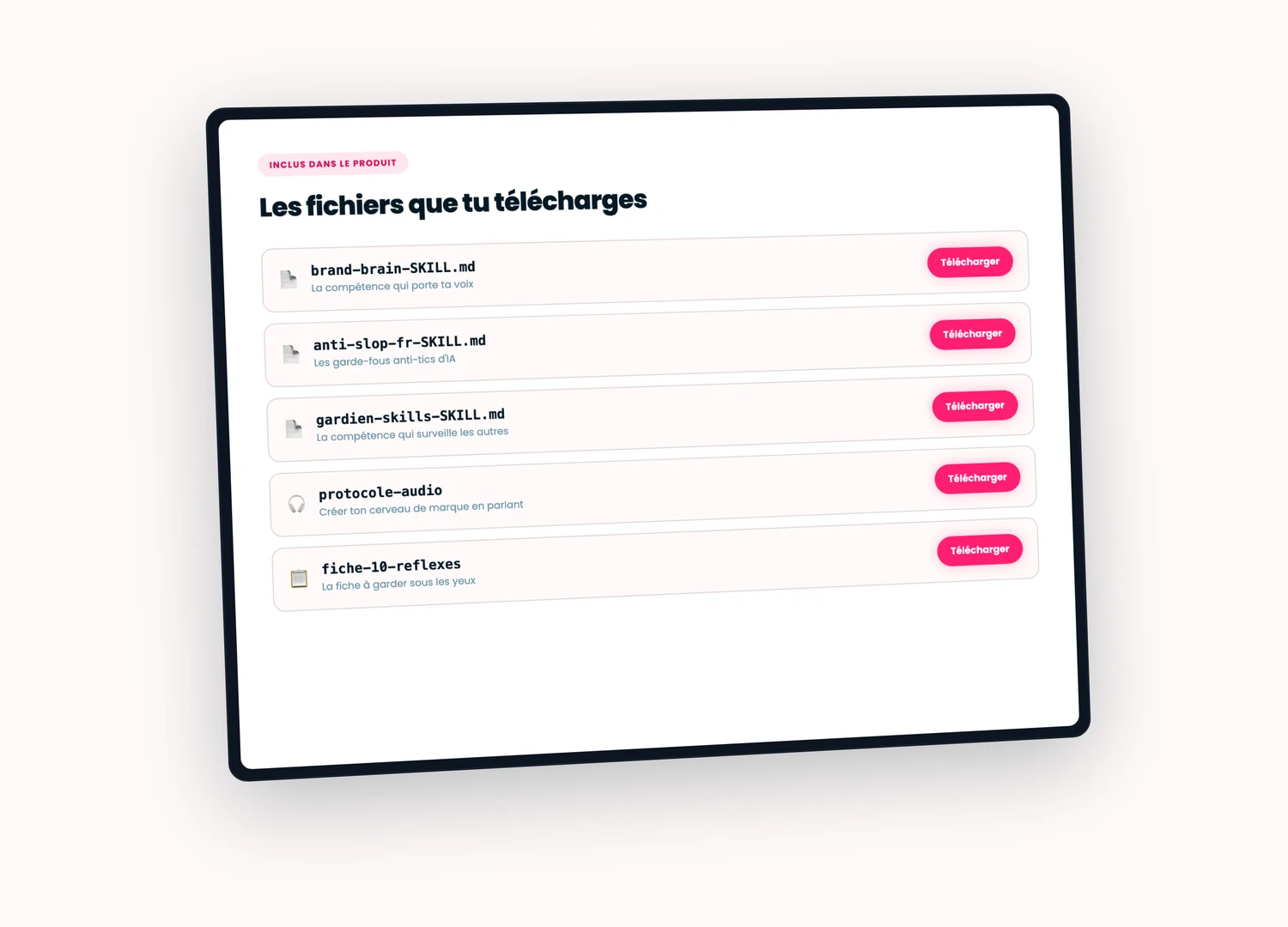 Les fichiers et ressources livrés avec le produit