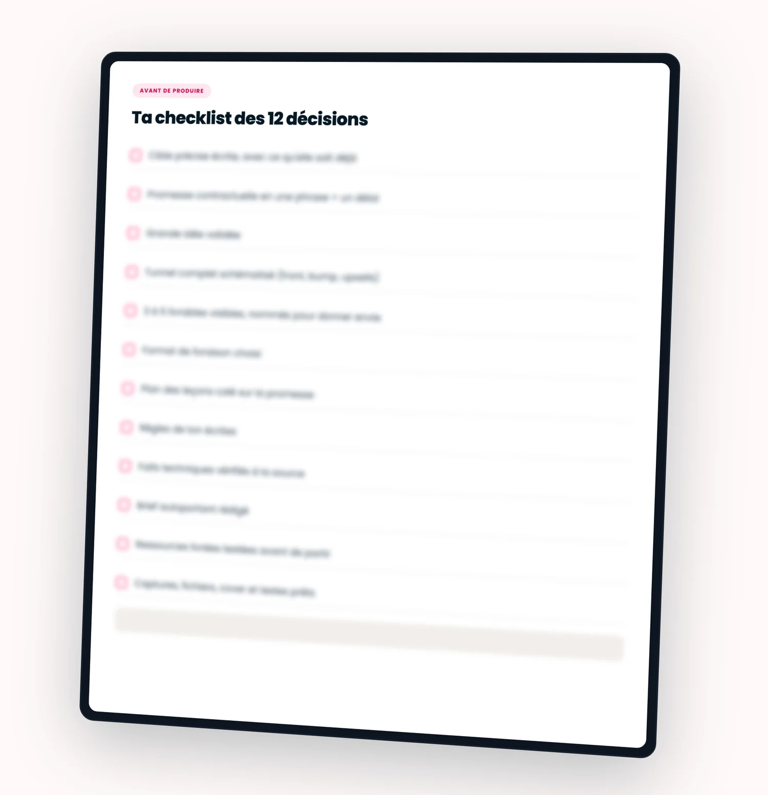 La checklist des douze décisions, sur une tablette