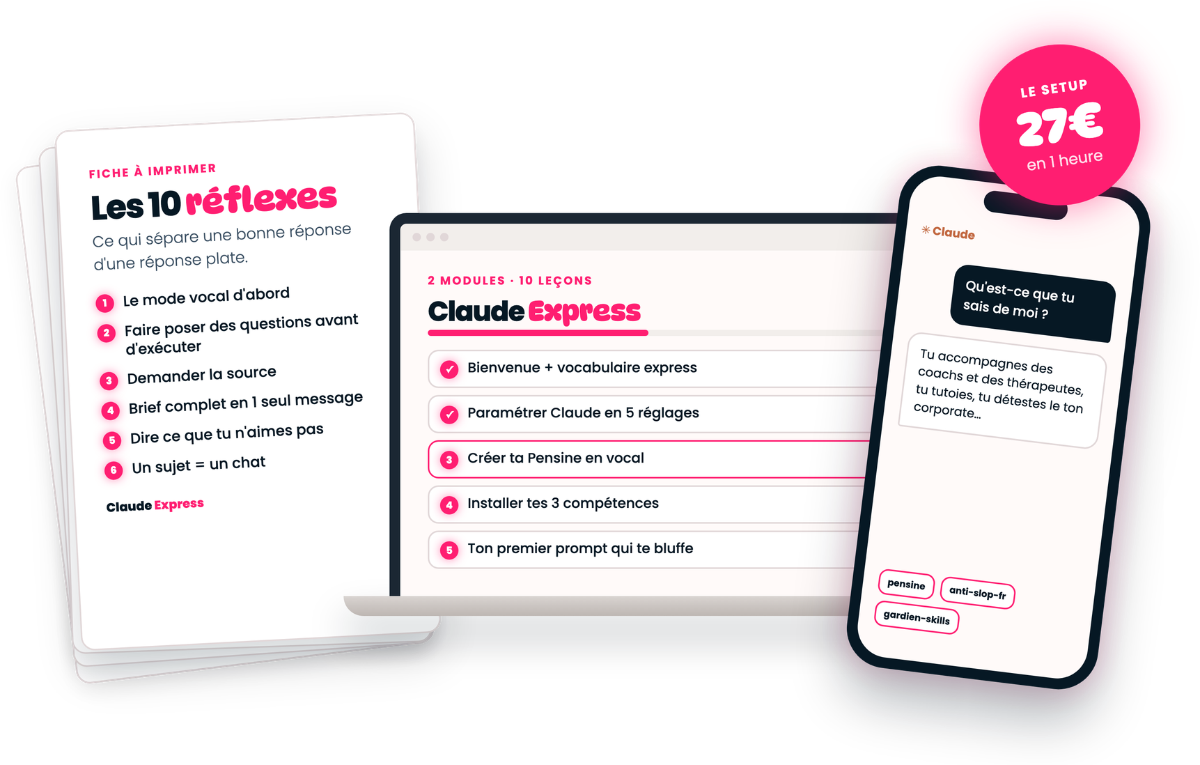 Mockup Claude Express : la fiche, l'espace sur ordinateur et l'aperçu sur téléphone