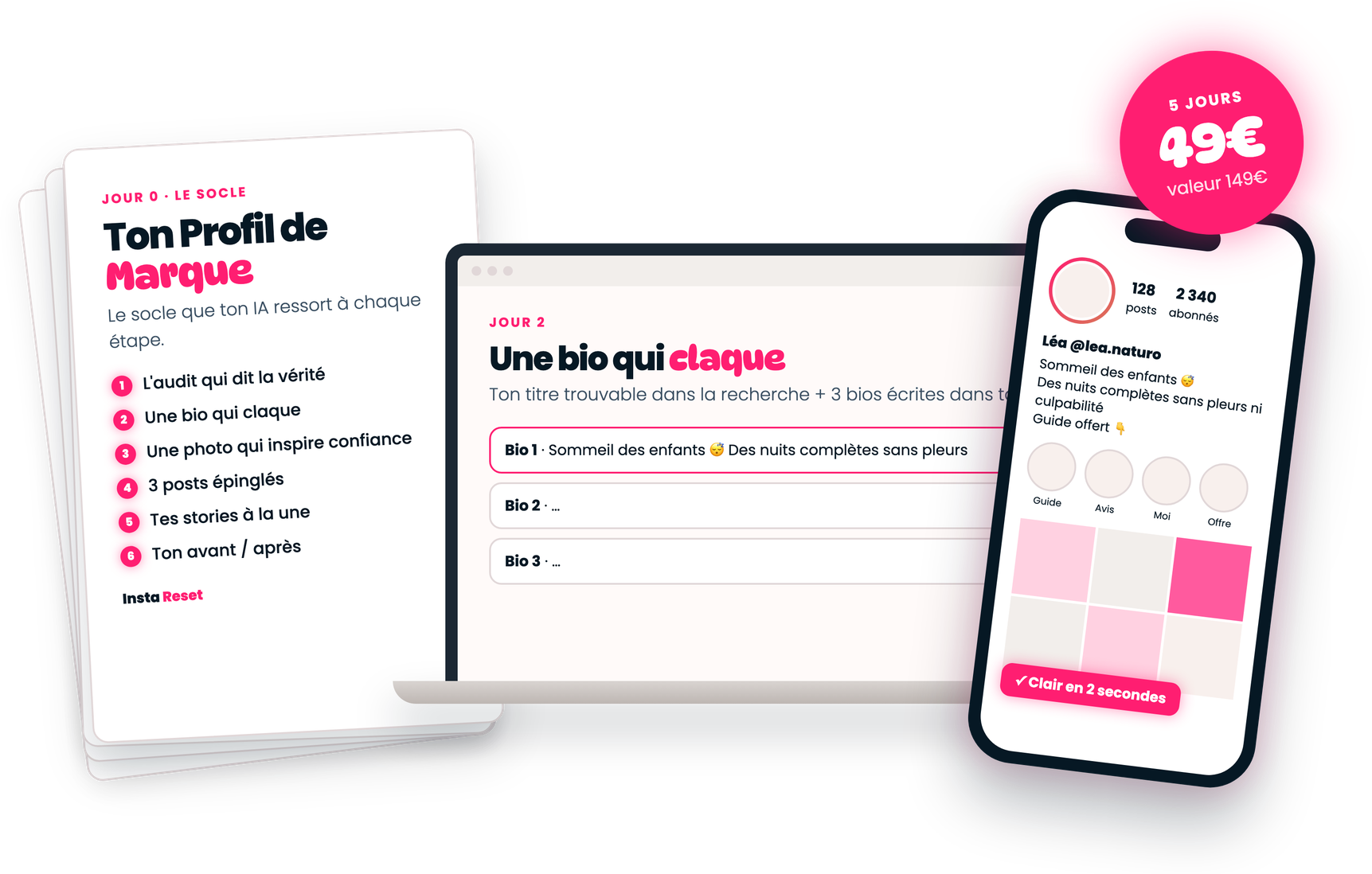 Mockup Insta Reset : la fiche, l'espace sur ordinateur et l'aperçu sur téléphone