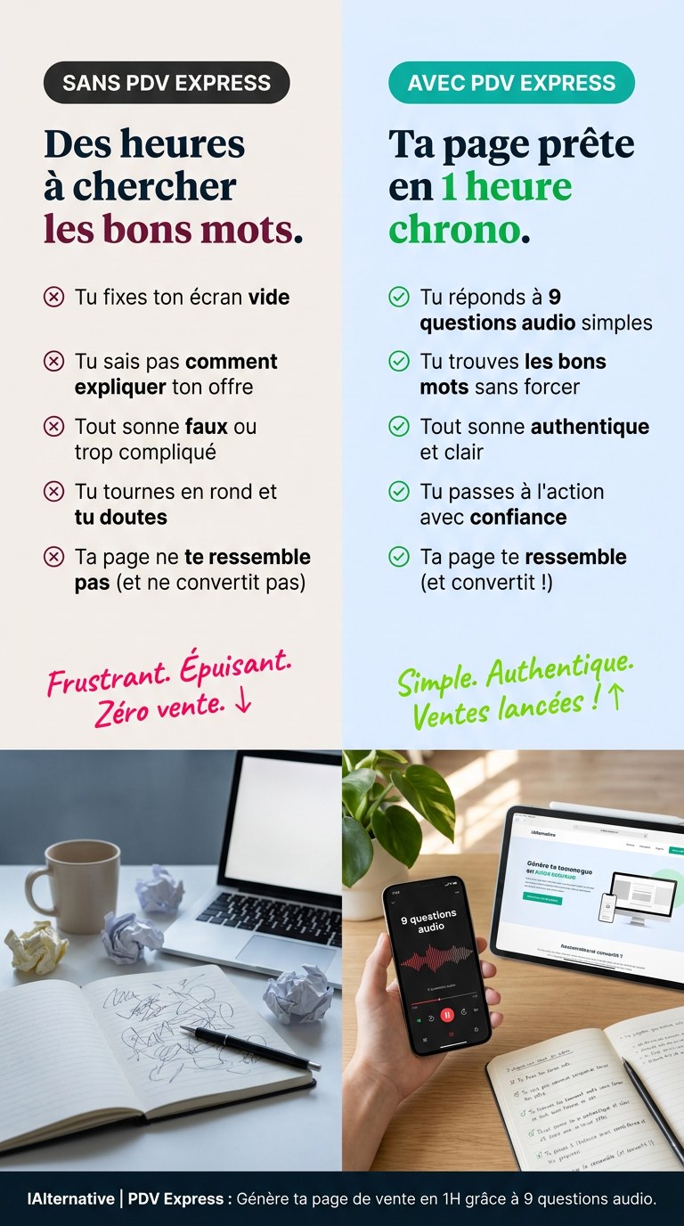 Sans PDV Express : des heures à chercher les bons mots. Avec PDV Express : ta page prête en 1 heure chrono.